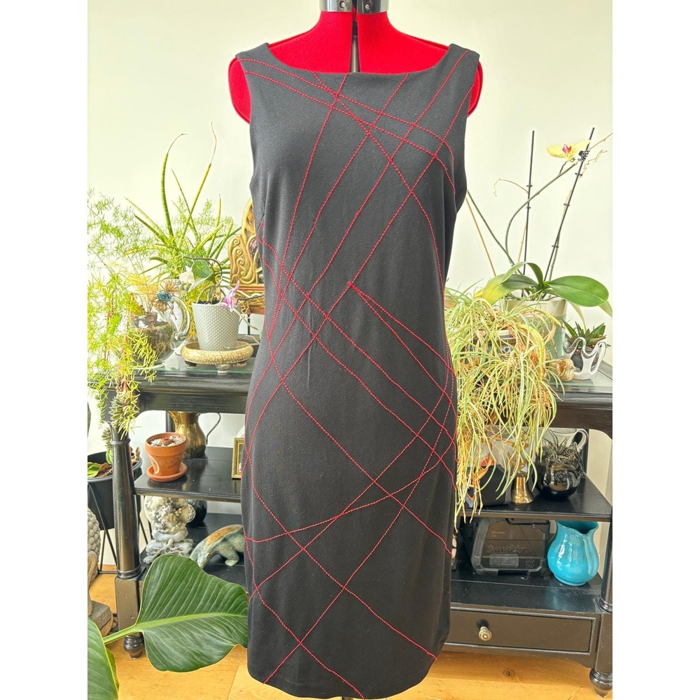 JESSICA sheath dress women 10 black red contrast geometric stitch sleeveless‎